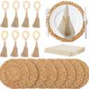 24 PCS Round Woven Placemats Set, 8 Boho Rattan Tablemats 13" Natural Water Hyacinth Farmhouse Place Mats with 8 Cotton Napkins, 8 Wooden Beads Napkin Ring for Kitchen Dining Table Decor