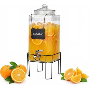 1.5 Gallon Glass Drink Dispenser, Drink Dispensers for Parties, Beverage Dispenser with Stand and Glass Lid, 100% Leakproof Spigot, Ideal for Lemonade, Juice, Iced Tea, Laundry Detergent (EXP 02/05/26)