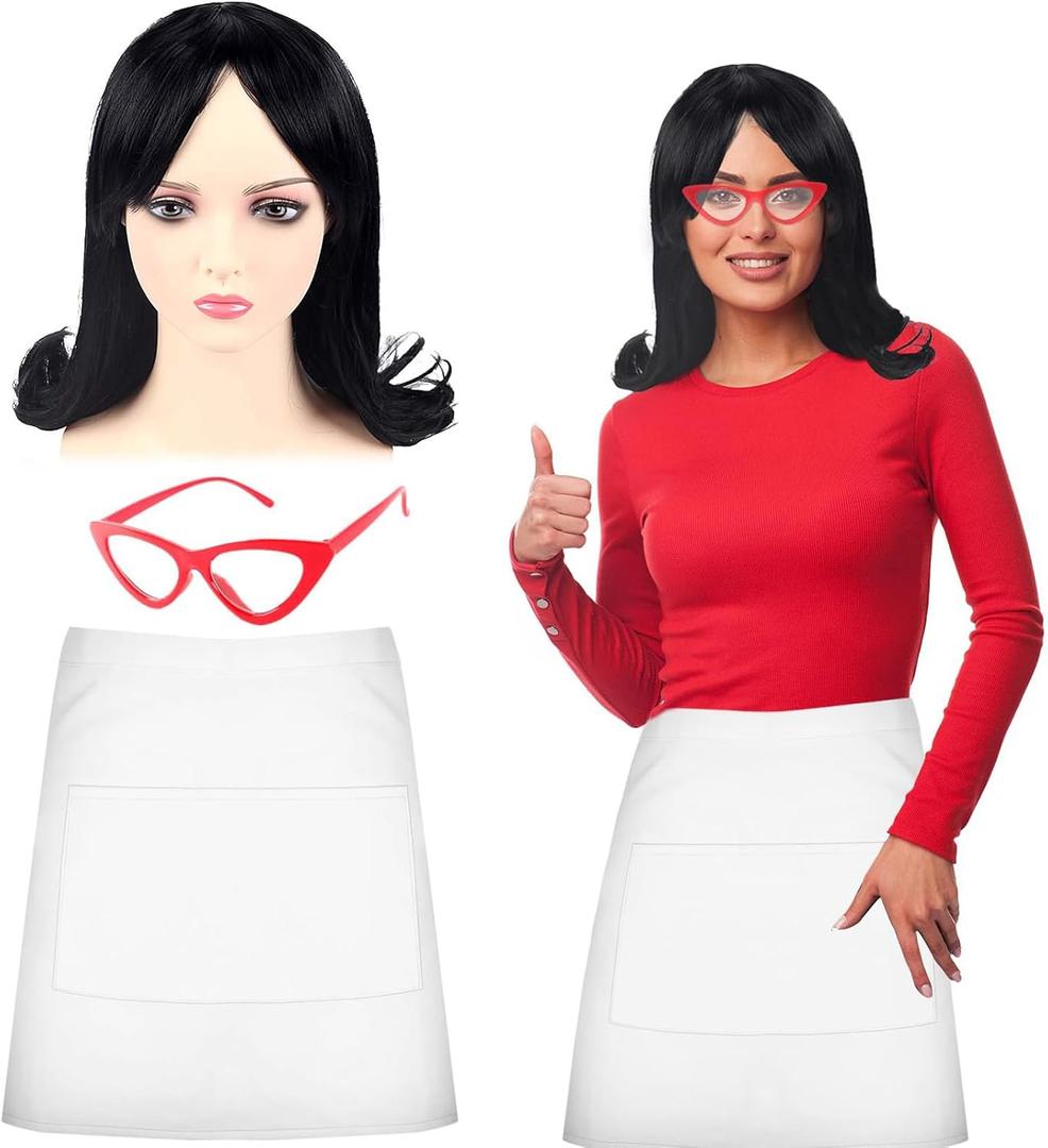 3 PCS Halloween Burger Costume Set Include Flip Wig Half Apron Glasses for Women Dress Up