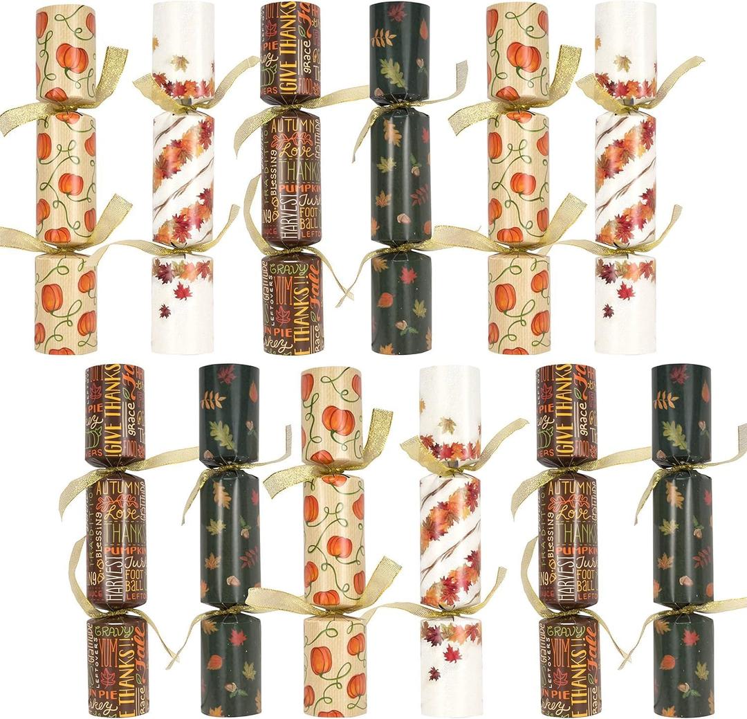 JOYIN 12 Pack Thanksgiving Party Table Favor No Snap No Popping with Party Hat, Joke & Gift Inside, Thanksgiving Holiday Traditions, Random gifts with Autumn Leaves, Pumpkin, Lettering Designs