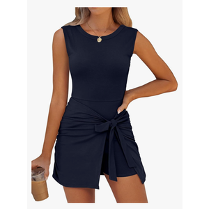 Caracilia Women Summer Sleeveless Bodycon Tie Cinched Waist Romper Skort Mini Dress Built in Shorts Night Out Vacation Dress, Size 2XL