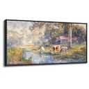 JEAWA Large Framed Canvas Painting - 24x48 IN Watercolor Landscape Wall Decor, Country Picture with Wooden House and Green Trees, Cow Art Prints for Bedroom Living Room Home Decoration