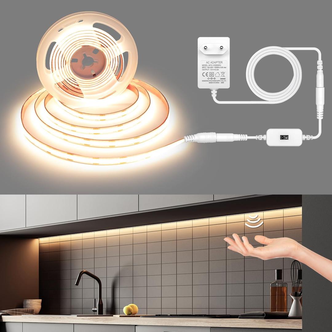 COB Tira de luces LED, tira de luz LED ultra brillante de 16.4 pies, tira de luz COB blanca clida regulable de 24 V de 3000 K, activada por ondas de mano, cinta LED para bricolaje, TV, gabinete,