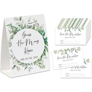 2 x How Many Kisses Bridal Shower Game, (1 Standing Sign + 50 Guessing Cards), Greenery Guessing Card, How Many Cards Baby Shower Game, Wedding Games for Guests-GK01