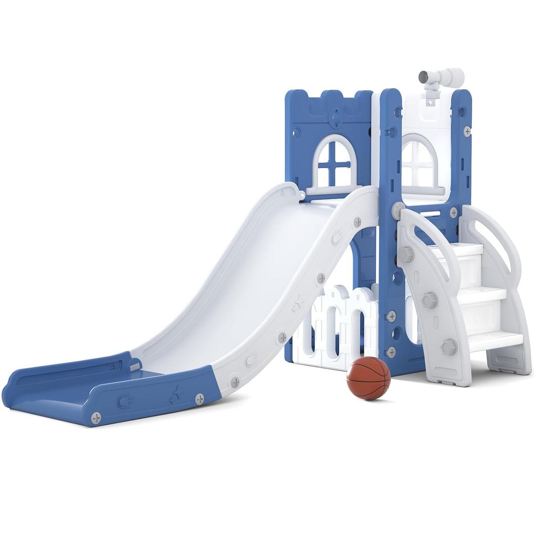 6 in 1 Toddler Slide for Toddler&Kids,Kids Climber Slider for Indoor Outdoor Playground with Storage,Telescope,Basketball Hoop and L Shaped Slide for Toddler Climber Playset,Blue