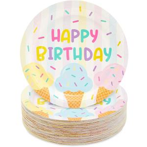 BLUE PANDA Ice Cream Party Decorations, Happy Birthday Paper Plates (7 In Birthday Plates, 48 Pack)