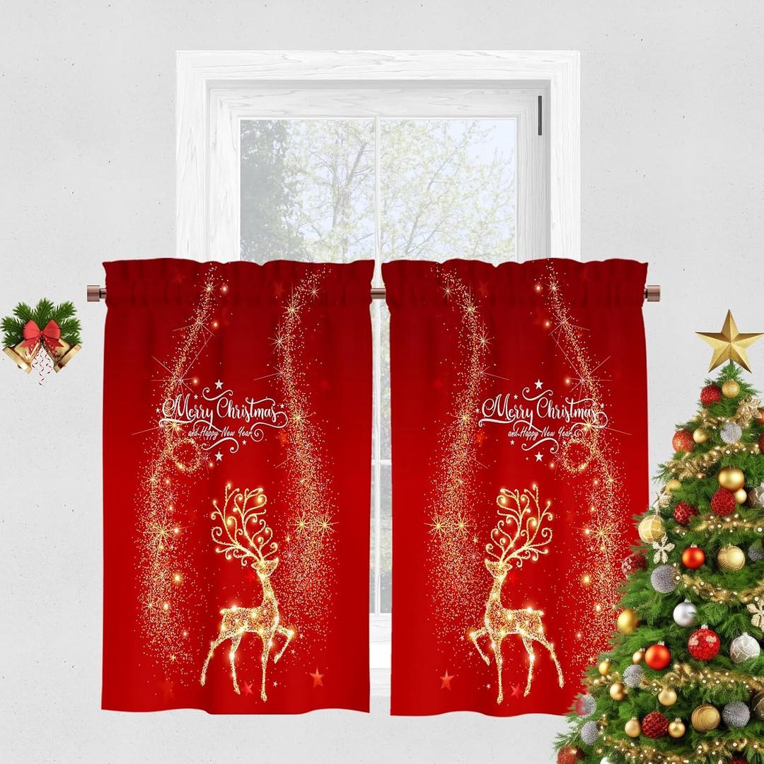 YOSTEV Christmas Kitchen Curtain, Red Xmas Sparkle Reindeer Velvet Curtain for Kitchen Window, Winter Window Treatment Rod Pocket Thermal Insulated Room Darkening Curtains, 26x30 Inch 2 Panels