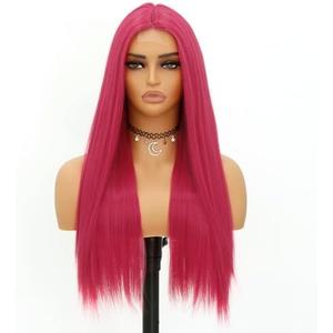 Hot Pink Wig Synthetic Lace Front Wigs Silky Straight for Women Long Curly Fuchsia Pink Wig Cap With Bangs Natural Straight Synthetic Fiber Glueless Hair Wigs for Daily Party Cosplay