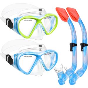 2 Sets Snorkeling Gear for Kids, Kids Snorkel Set for Ages 6-14, Dry Top Snorkel Mask Set for Youth Boys Girls Junior, Tempered Glass Diving Swimming Mask Goggles (Z-2Set(Blue Yellow+Blue Blue))