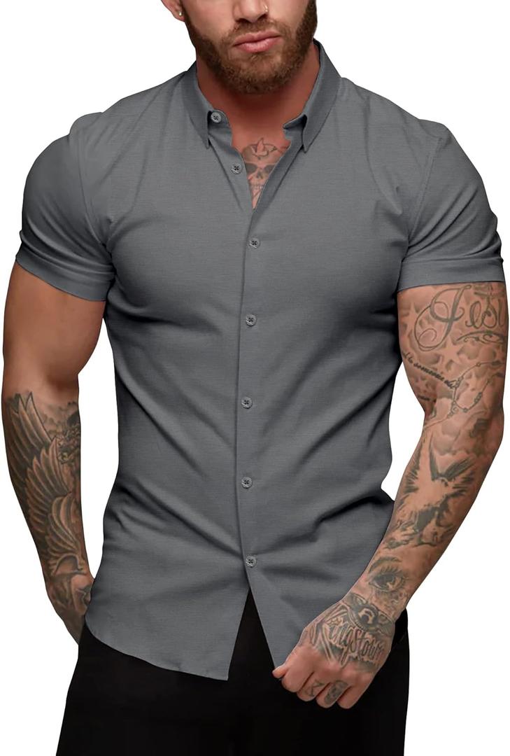 URRU Men's Muscle Dress Shirts Slim Fit Stretch Short Sleeve Casual Button Down Shirts for Men (Medium)