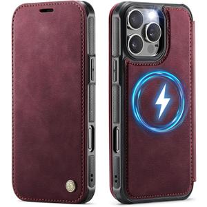 for iPhone 16 Pro Case Wallet Compatible with Magsafe, Slim PU Leather Flip RFID Blocking Card Holder Stand Shockproof Magnetic Women Men Wallet Phone Case Cover for iPhone 16 Pro, Burgundy