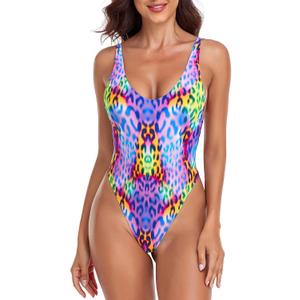 Women's Thong One Piece Swimsuit Sexy High Cut Bathing Suits (Medium, Purple Leopard)