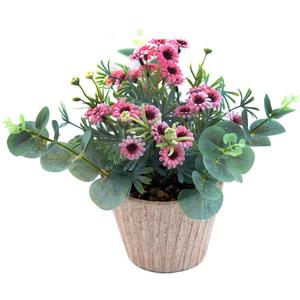 9" Artificial Pink Daisy Flower Plant with Eucalyptus Leaves in Light Wood Grain Pot, Lifelike Faux Potted Flowers for Indoor Home Office Bedroom Bathroom Table Shelf Spring Decor Gift