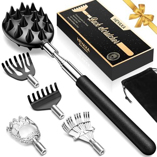 Telescoping Back Scratcher with 5 Detachable Heads, Valentines Day & Birthday Gifts for Men Women, Husband, Funny White Elephant Gifts for Adults with Gift Box