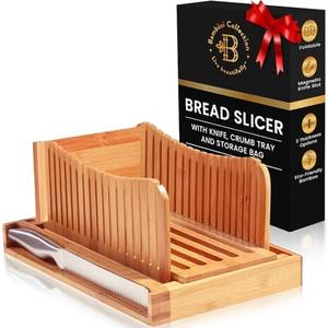 Bread Slicer for Homemade Bread - Adjustable Bamboo Bread Cutter with Knife, Foldable Slicing Guide & Crumb Tray - Bread Loaf Slicer for Sourdough, Cakes, Bagels, Loaves - Kitchen Gadgets Baking Gifts