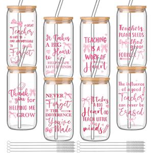 Domensi 8 Pcs Teacher Appreciation Gifts for Women 16 oz Glass Cups Tumblers Thank You Teacher Gifts with Bamboo Lids Straws Brushes Clear Coffee Drinking Cup for Birthday Party Favors
