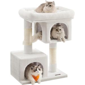 Feandrea Cat Tree, 33.1-Inch Cat Tower, L, Cat Condo for Large Cats up to 16 lb, Large Cat Perch, 2 Cat Caves, Scratching Post, Cream White UPCT061T01