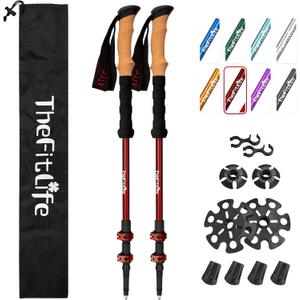 TheFitLife Trekking Poles - Lightweight 7075 Aluminum Hiking Sticks with Cork Grips, Adjustable Telescopic Design, Metal Flip Lock for Men & Women - Perfect for Hiking, Walking, Camping & Backpacking (Red)