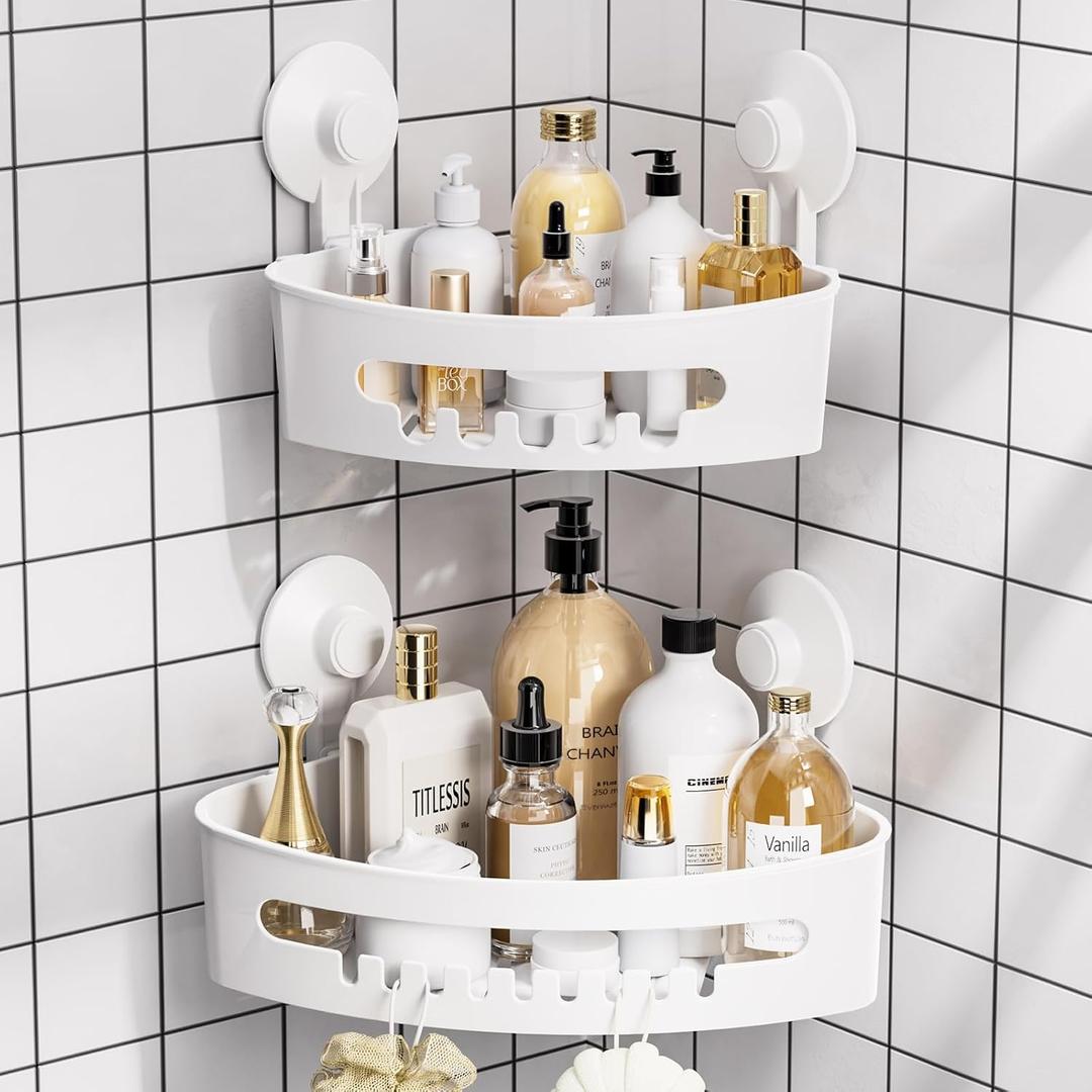 Budget & Good Corner Shower Caddy, 2 Pack Suction Cup Adhesive Shelves, NO-drilling Heavy Duty Storage Racks, Max Hold 44lbs, Waterproof for Bathroom & Kitchen