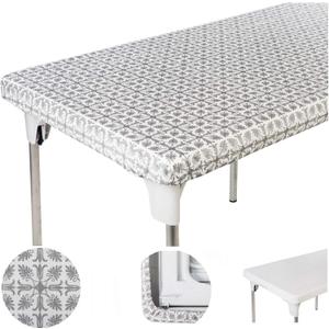 Table Cover Silver Patterned Elastic on The Corner for Folding Table 6 ft 30 x 72 inch Waterproof Elastic Edge Fitted Stay Put Table Cloth for Travel Christmas Picnics Parties Outdoor