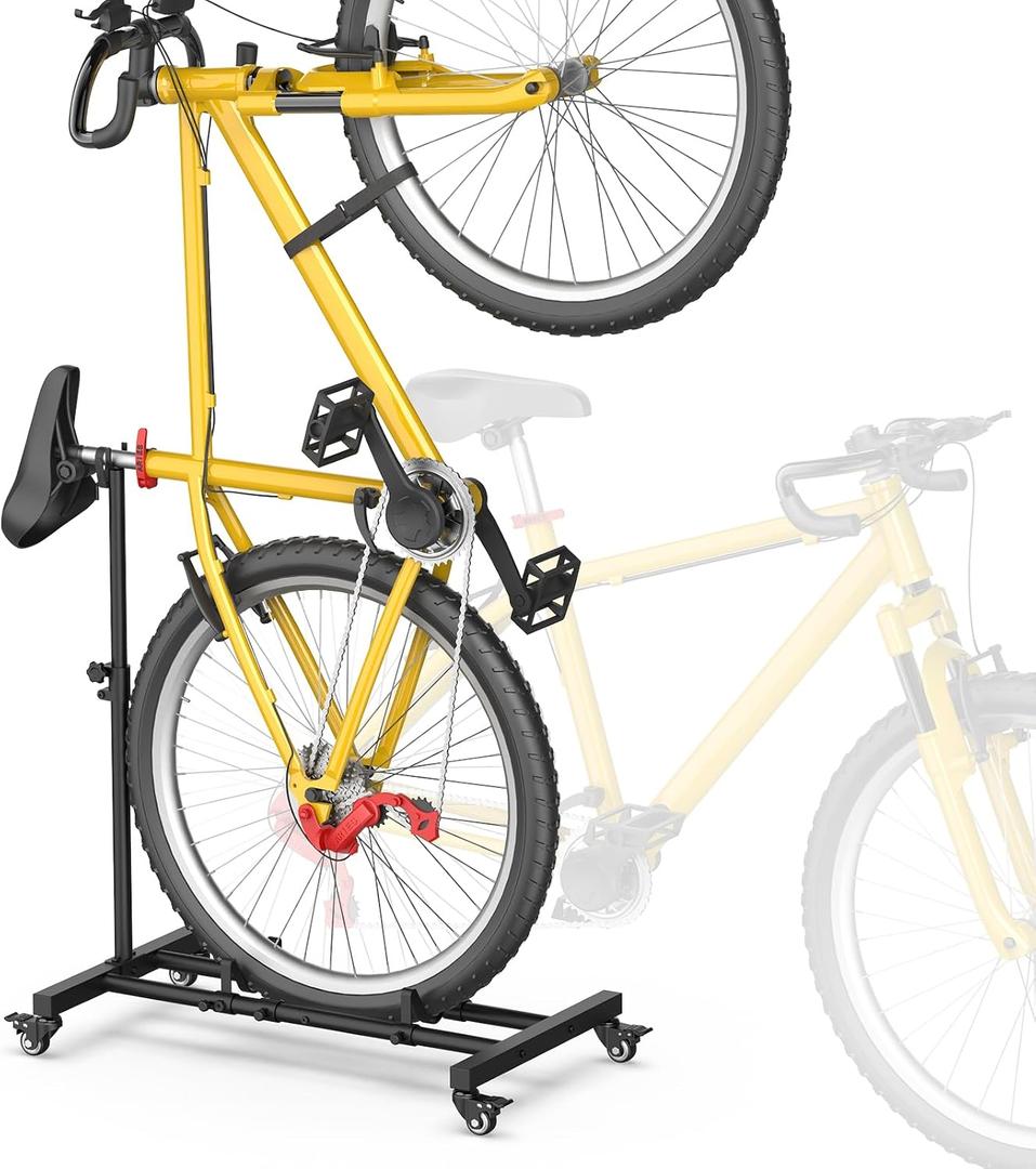 Vertical Bike Stand, Freestanding Upright Floor Rack, Adjustable Height, Space-Saving Indoor Holder for Garage/Apartment, Fits MTB & Road Bike Wheels up to 29in (Black)
