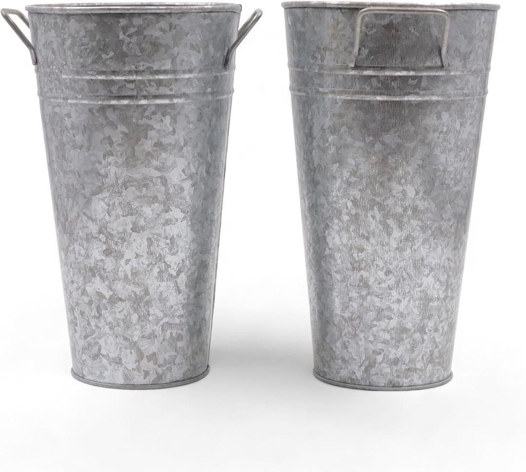 Hosley Set of 2 Galvanized Bucket/Pot Vase with PVC Liner, 5" Dia x 9" H Ideal Gift for Floral Arrangements Wedding Home Office Party DIY Indoor Outdoor Garden Patio