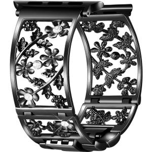 Floral Band Compatible with Apple Watch Jewelry Band 42mm 44mm 45mm 46mm 49mm iWatch Series 11 10 9 8 7,Bling Crystal Bracelet Hollow Metal Strap,Fashion Women Wristband(42/44/45/46/49mm,Black)