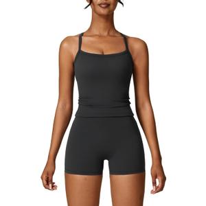 ABEHIK Two Piece Workout Sets for Women Sports Bra Tank Top High Waist Booty Lifting Shorts Gym Yoga Active Wear Outfits (Medium, Black)