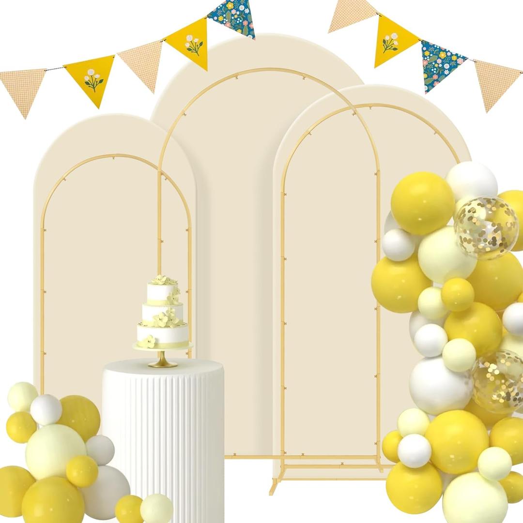 Gawicpy Wedding Arch Backdrop Stand Set Metal Arch Backdrop Stand with Wedding Arch Cover, Wedding Balloon Arch Backdrop Stand for Birthday, Baby Shower, Anniversary (Beige, 5.9FT+6.6FT+7.2FT)