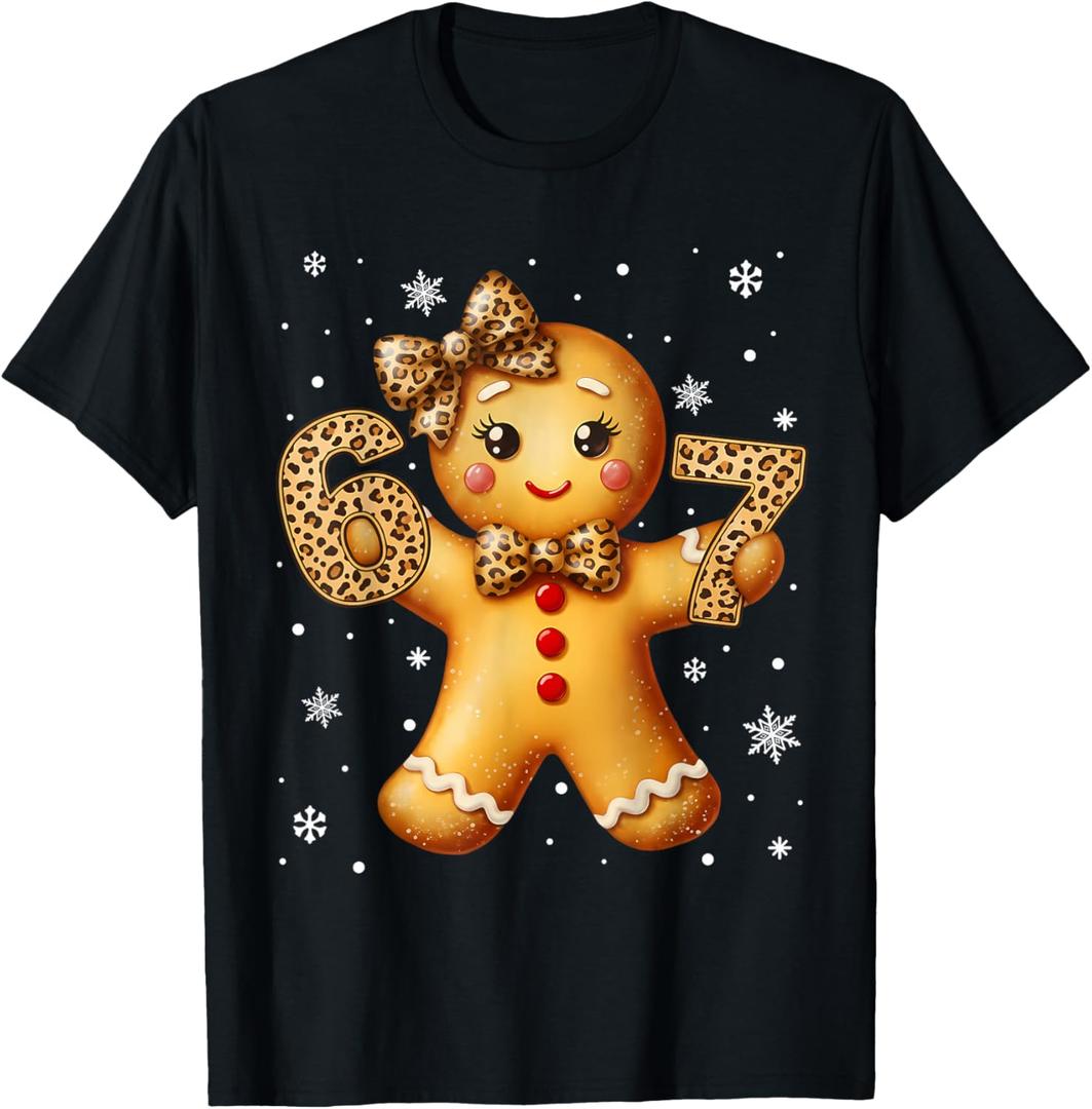 6 7 Six Seven Gingerbread Leopard Coquette Christmas Girls T-Shirt, Large 