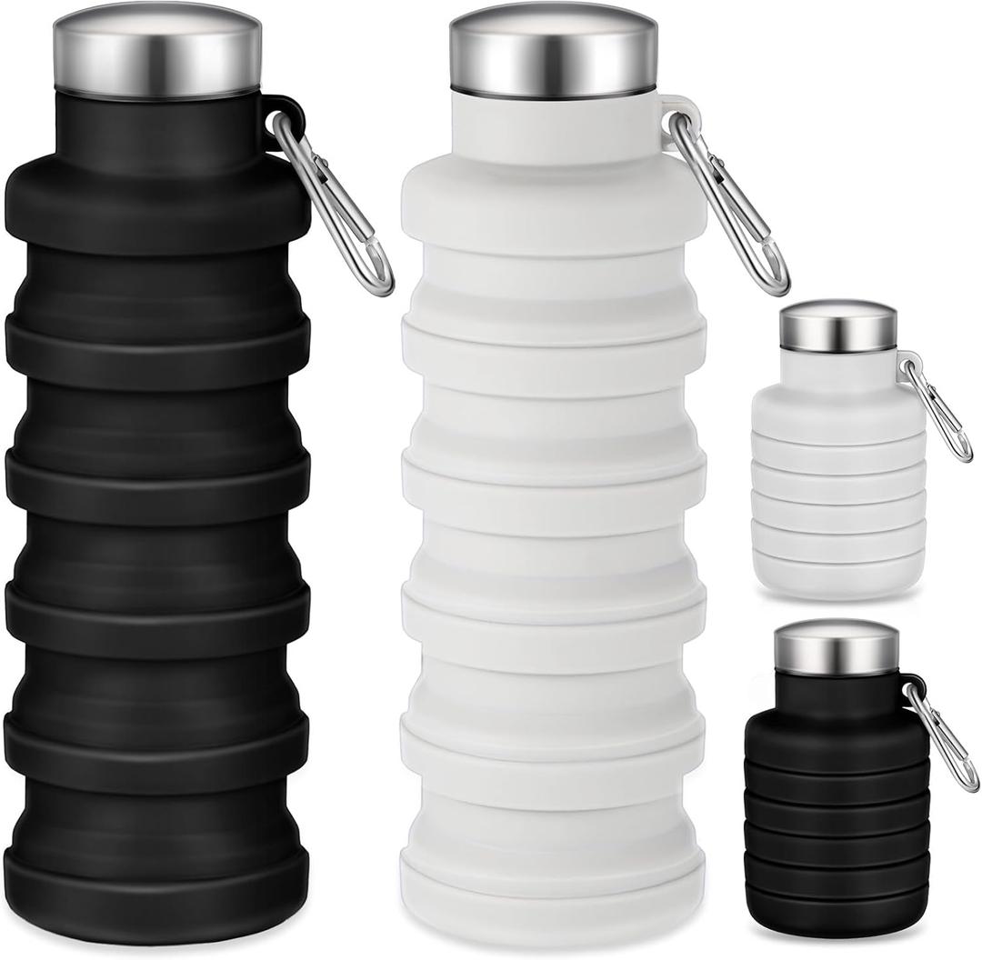 Baderke 2 Pcs Collapsible Water Bottles 17oz Silicone Travel Foldable Portable Water Bottle with Buckle Silicone Lightweight Reusable Leakproof for Camping Hiking Cycling Sport(Black, Gray White)