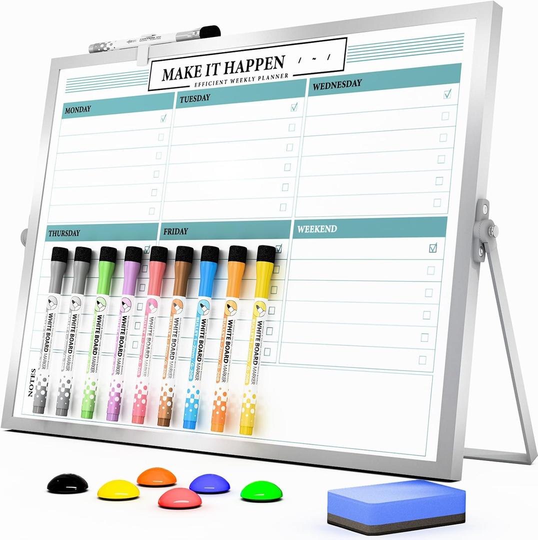 Marsrock Dry Erase White Board with Stand, Double-Sided Weekly Whiteboard 16"x12", 10 Markers, 6 Magnets, 1 Eraser, Portable Desktop Whiteboard for Planning, Weekly Schedule Board for Office