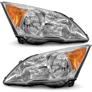 Headlight Assembly for Honda CR-V 2007 2008 2009 2010 2011 Headlamp With Chrome Housing Amber Reflector (Driver & Passenger Side)