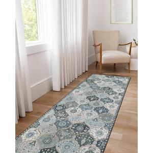 Lahome Moroccan Trellis Washable Runner Rug, 2x6 Runners for Hallways 6 Feet Non Slip Vintage Laundry Room Rug Vintage Ultra-Thin Long Carpet for Kitchen Bedroom Elise, Blue