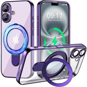Magnetic for iPhone 16 Case with Invisible Stand[Compatible with MagSafe][Full Camera Lens Protector][Military Drop Protection] Shockproof Not Yellowing Clear Slim Soft for Women Men (Purple)