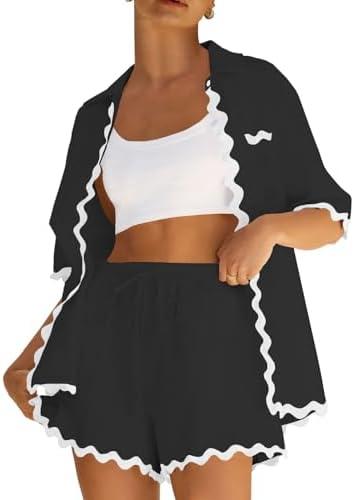 ARTFREE Women's 2 Piece Outfit Sets Beach Short Sleeve Button Down Shirts and Shorts Pajama Sets Summer Loungewear, M