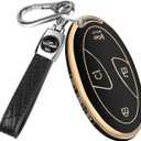 QBUC for Car Key Fob Cover,TPU 360 Degree Car Key Case Protector with Leather Keychain,7 Buttons smart key(Black)