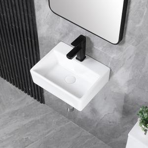 Small Vessel Sink 15"x12" Wall Mount Bathroom Sink Rectangular White Porcelain Ceramic Mini Floating Tiny Bathroom Wall Mounted RV Sink, 15.3"x12" Wall Mount