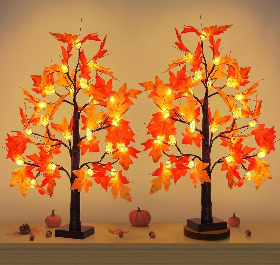 [2 Pack] 24" LED Maple Tree Fall Decor - Battery Operated Tabletop Thanksgiving Tree with 24 Lights, 48 Autumn Leaves & 12 Acorns, Detachable Branches for Indoor Home Decor