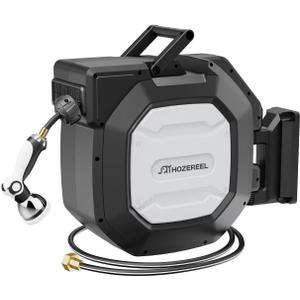 5/8" x 100 ft Heavy Duty Retractable Garden Hose Reel by HOZEREEL, Outdoor Garden Hose Reels - Self Retract Wall Mount Hose Reel Automatic Storage, Any Length Lock, 10 Pattern Nozzle (5/8" 100 FT Black)