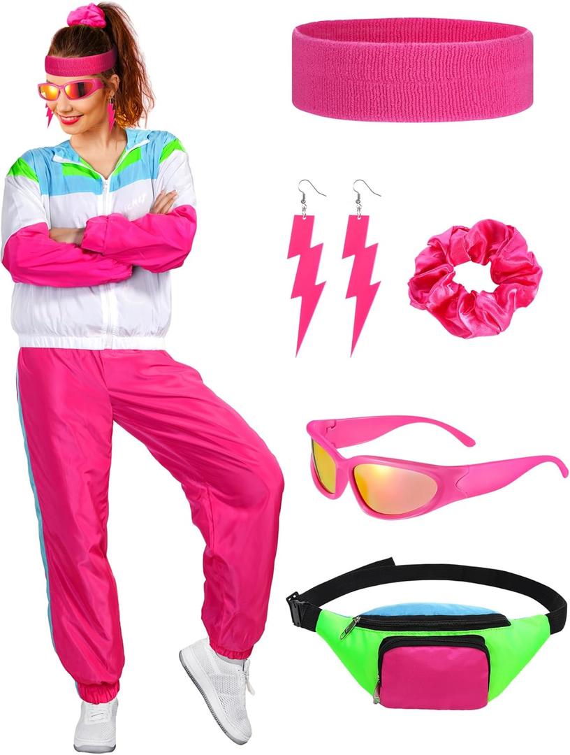 Ramede 80s Outfits for Women 90s Workout Halloween Costume Neon Wear Tracksuit Windbreaker Disco Party Accessories (Pink) Medium