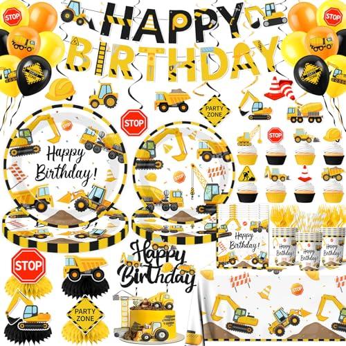 Construction Birthday Decorations,245PCS Construction Birthday Party Supplies-Includes Plates Napkins Cups Banner Balloons Tablecloth and Cake Toppers for Kids TruckTheme Celebration Tableware