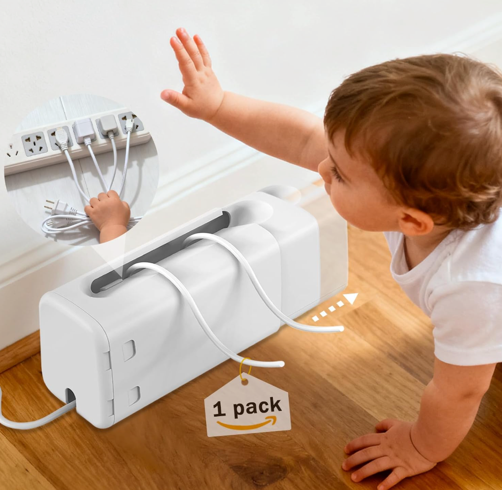 Power Strip Cover Box - Effectively Baby Proofs Power Strip with Patented Dual Lock. Convenient Side Openings for Cords & Cables. Protects Small Hands & Fingers