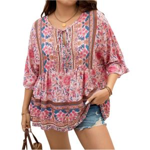 WDIRARA Women's Plus Size Boho Floral Print Ruffle Hem Blouse Tie Front 3/4 Sleeve Peplum Top (Large Plus, Pink)