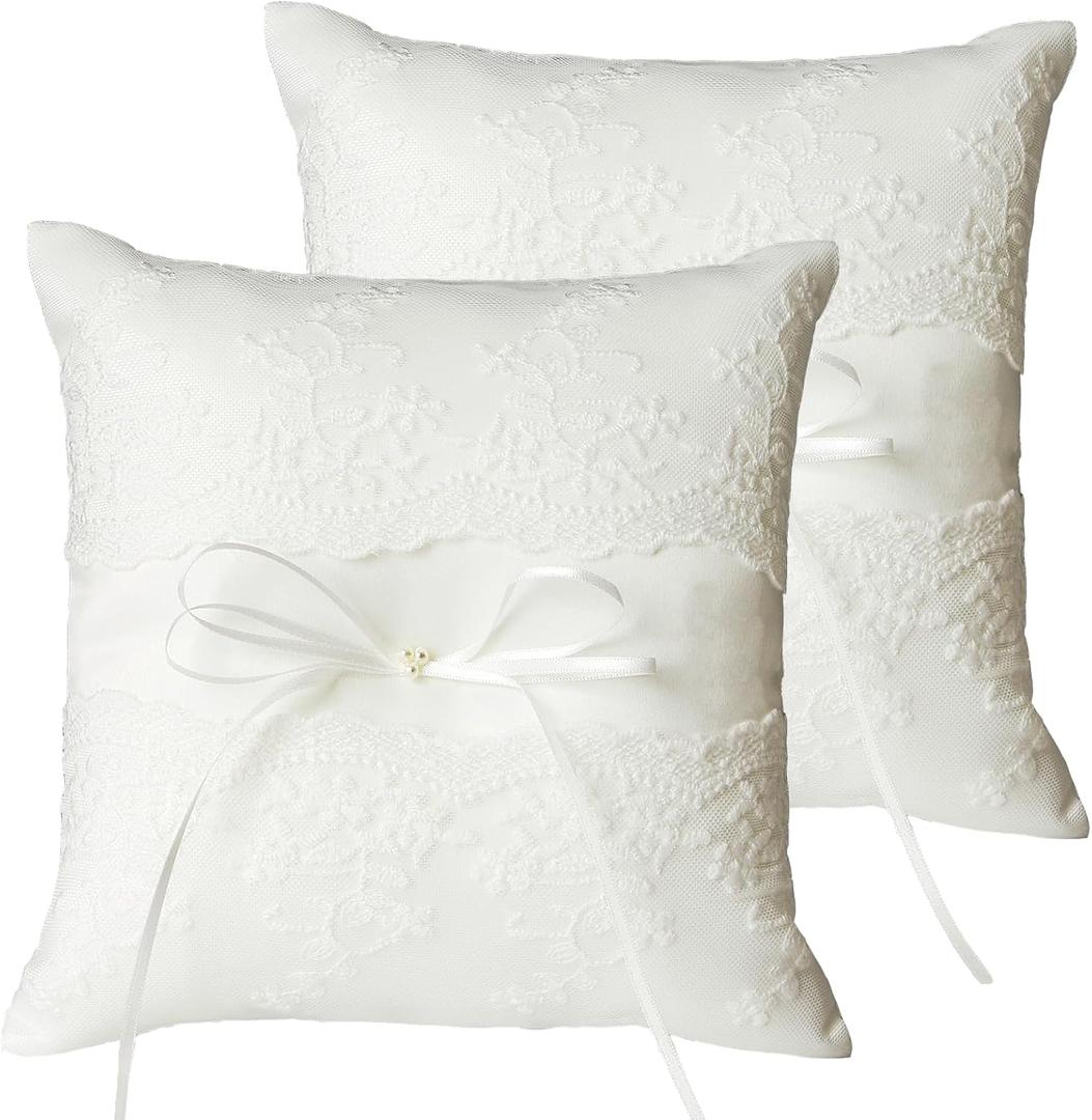 QIRMIZI 2 PC Wedding Ring Pillow - Lace Pearl Ivory Bearer Cushion for Your Perfect Wedding Party