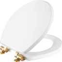 Mayfair Bennett Toilet Seat with Brushed Gold Hinges, Slow Close Wood Seat, Secure Metal Hinges, Easy Install, Made in USA, Round, White