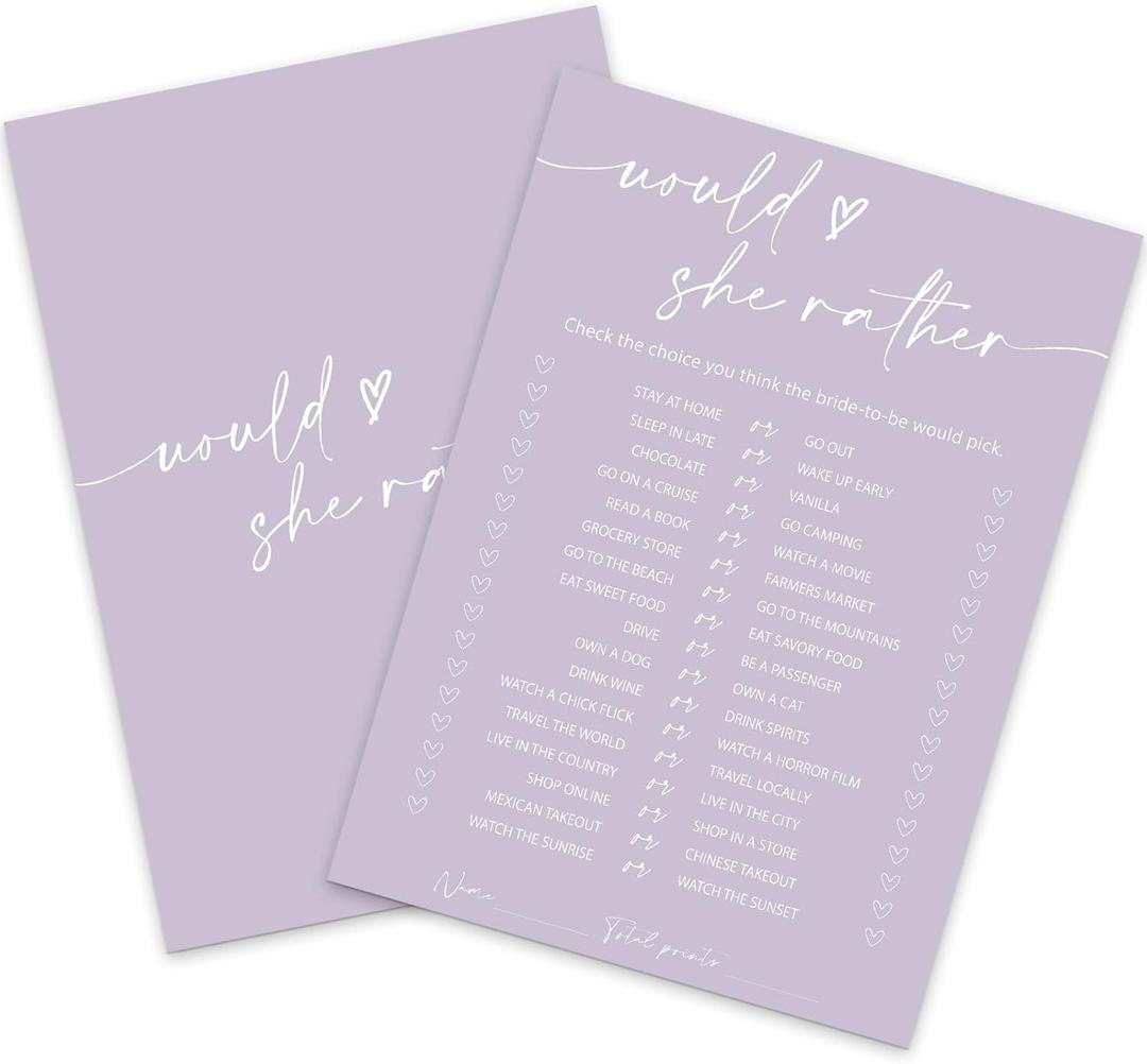 Whaline 50 Sheets Purple Bridal Shower Game Cards Double Sided Party Game Activity Cards For Would She Rather Wedding Bridal Shower Bachelorette Party Games Supplies