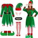 Christmas Elf Costume Women: 6 Pcs Adult Elf Dress Santa Helper Costume Xmas Cosplay Outfit (Large)