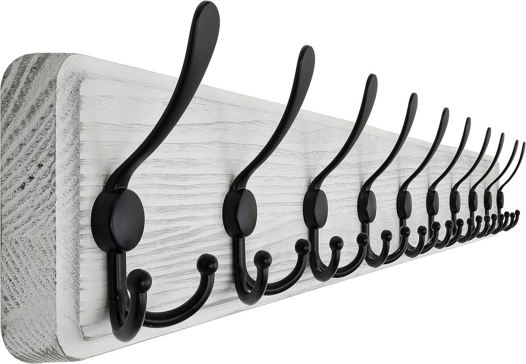 SKOLOO Coat Rack Wall Mounted - 38.3'' Long, Wooden, Heavy Duty, Rustic Coat Hooks for Wall, Wall Coat Rack with 10 Triple Hooks for Hanging Clothes, Jacket, Hat (Weathered White)