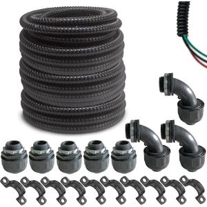 (1/2" Dia * 100 Feet) Yariwiz Black Special Extra Flexible Electrical Conduit Liquid Tight PVC Conduit Kit with 5 PCS Coupling, 5 PCS Elbow and 10 PCS Strap, Sealtight Seal Flex Liquidtight Wire